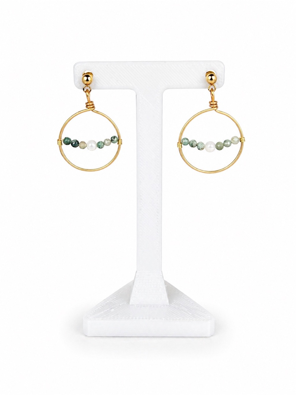 Wire Wrapped Emerald and Mother of Pearl Hoops